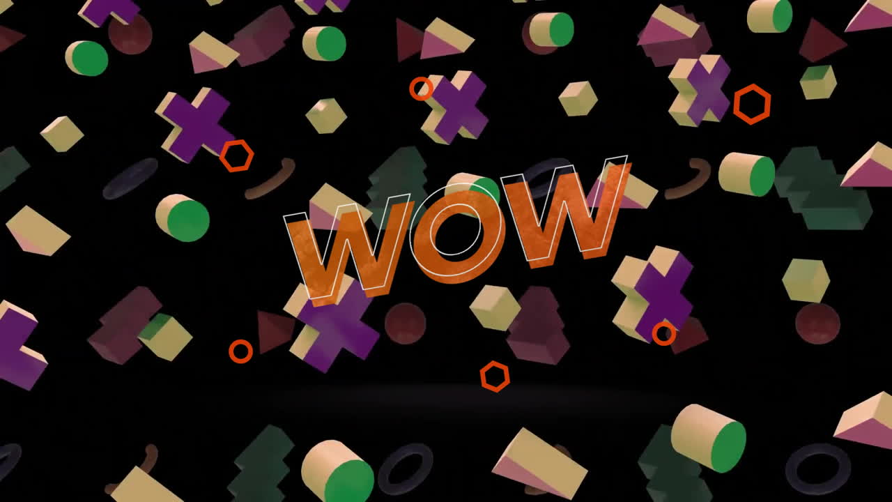 Animation of wow text over colourful shapes moving