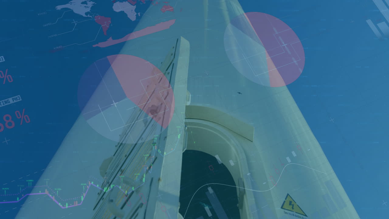 블루 배경에 풍력 터빈과 엔지니어에 대한 통계 및 데이터 처리의 애니메이션