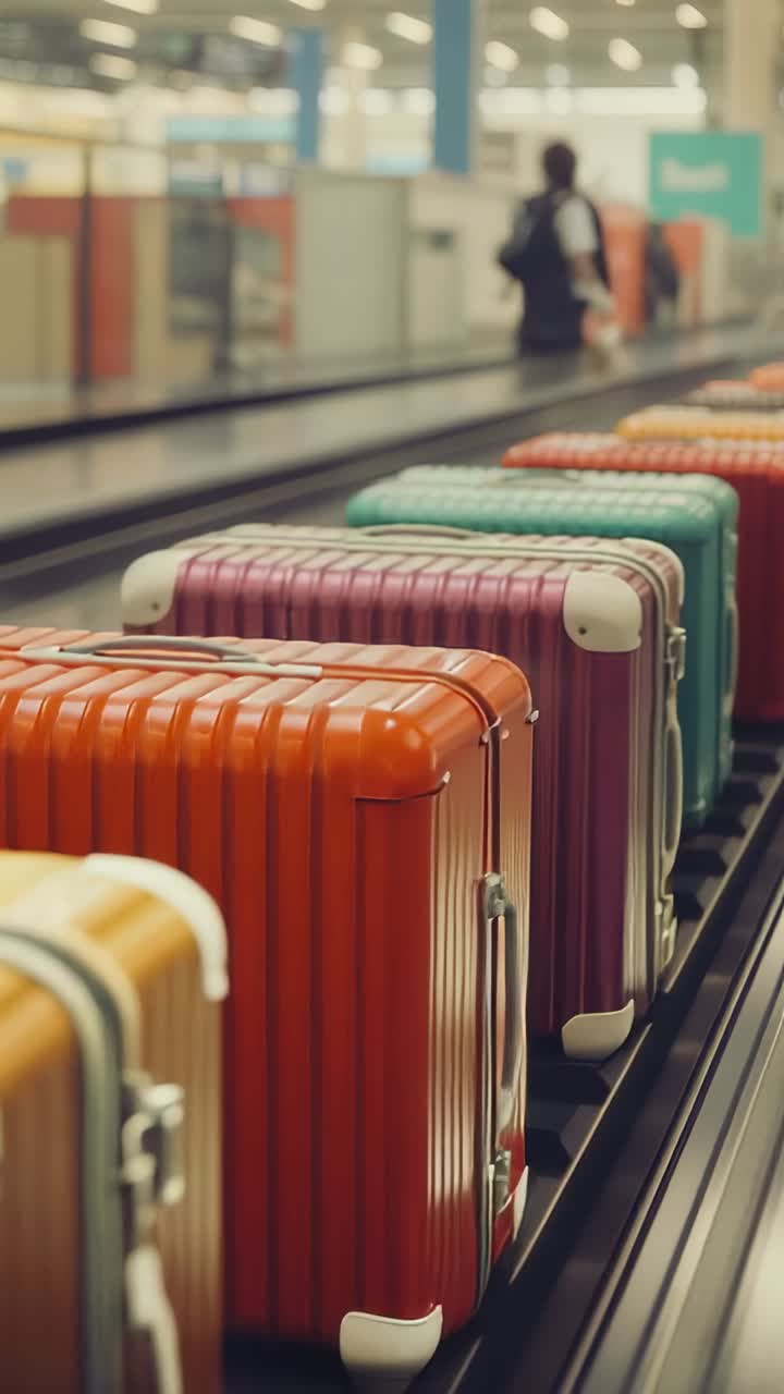 Vertical video: Travelers walking on moving walkway in airport terminal, passing bright suitcases