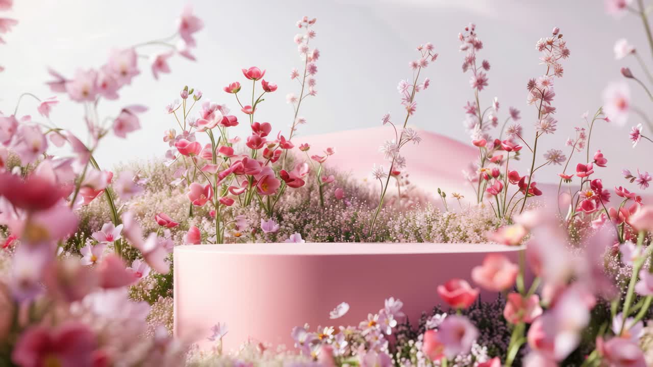 A dreamy, pastel-toned floral scene with pink blossoms. Captured from a low angle, perfect