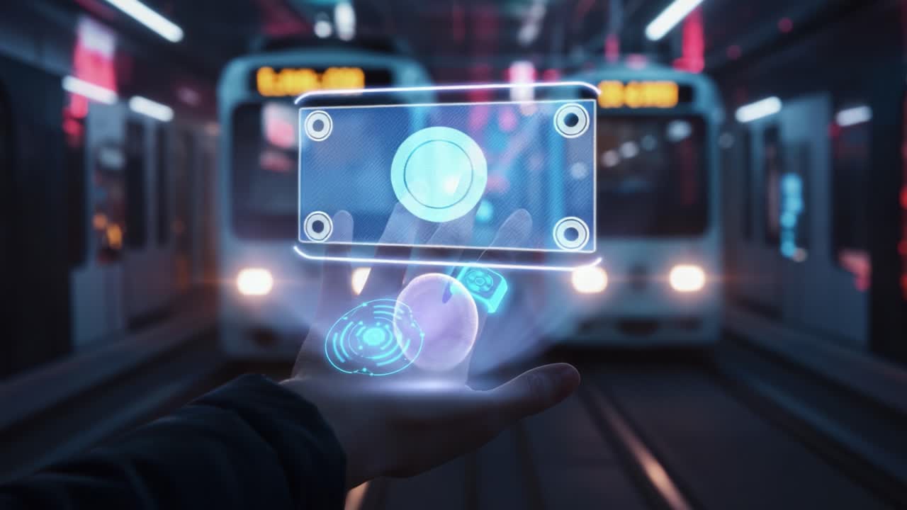 A futuristic representation of technology in an urban subway setting, showcasing an individual interacting with holographic elements while trains await departure in the background