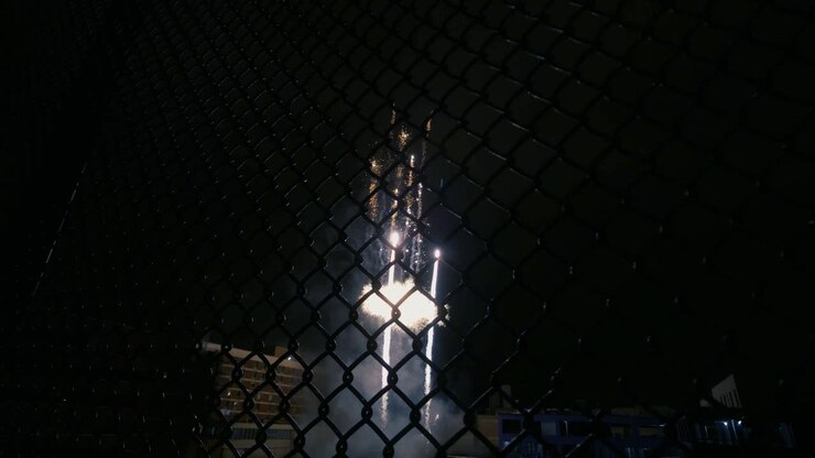 Spettacolo di fuochi d'artificio in centro visti attraverso una recinzione
