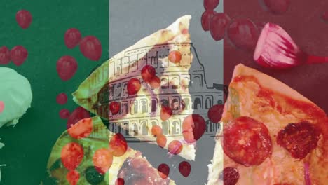 animation of flag of italy over balloons and pizza