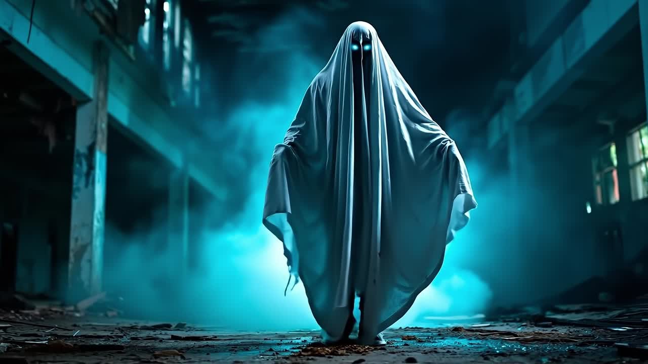 A ghostly figure in a dark room with a blue light coming out of it