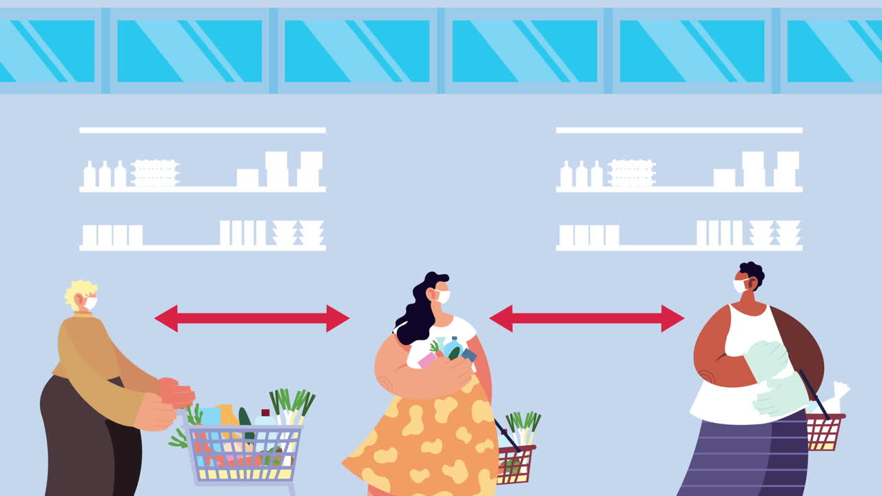 의료 마스크를 착용한 주부들이 사회적 거리를 지키며 코로나19에 대한 식료품을 구입하고 있습니다.