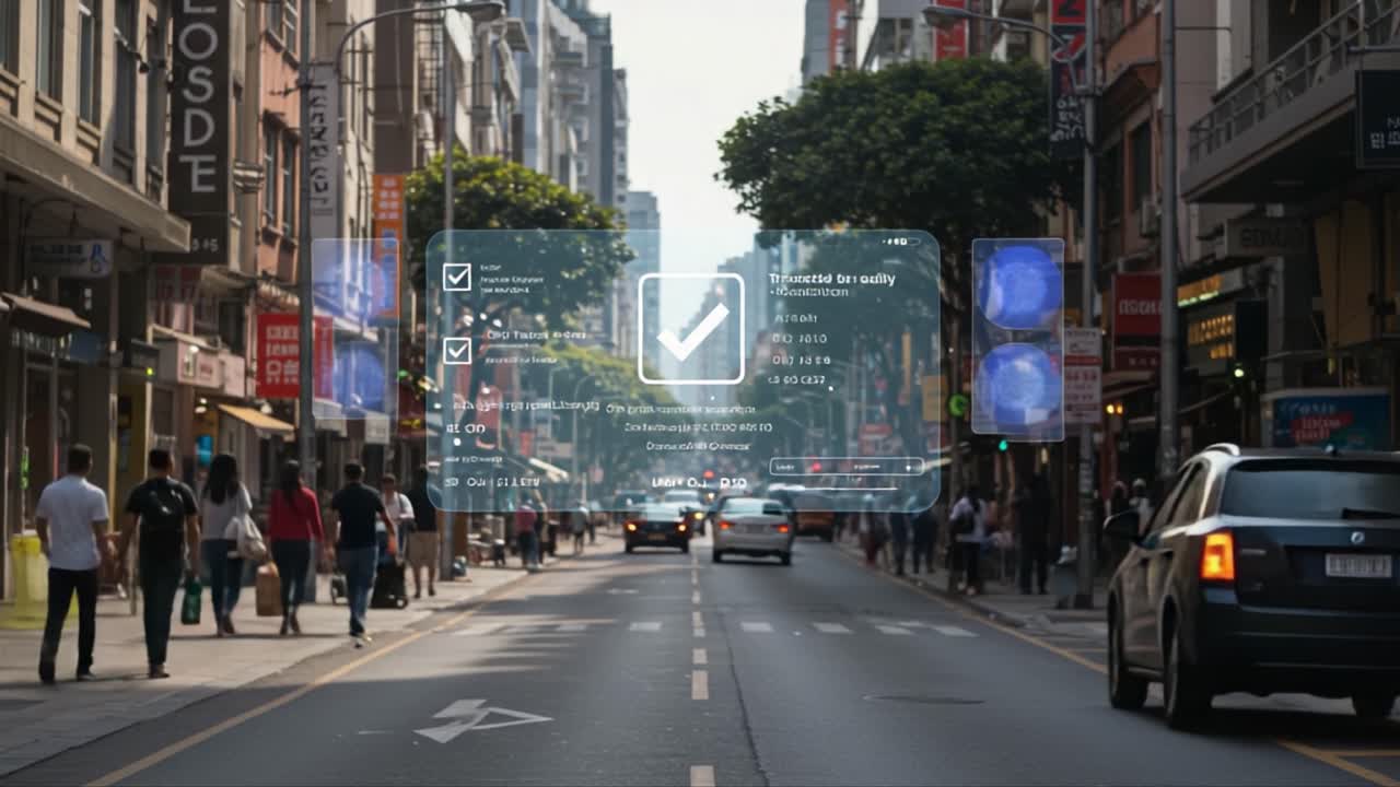 A Busy Urban Street Scene Featuring Pedestrians and Vehicles Amidst Vibrant Storefronts and Digital Overlays Showcasing Safety and Navigation Features