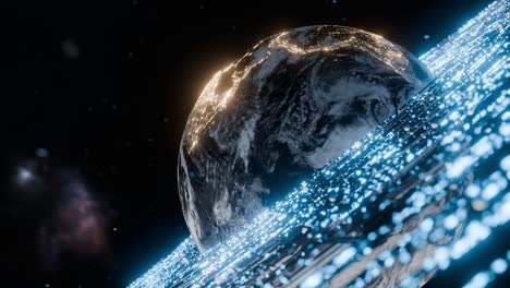 earth showing south america with blue digital particles in outer space. include brazil, argentina, colombia. 3d rendering with night lights and energy wave. futuristic technology and global connection