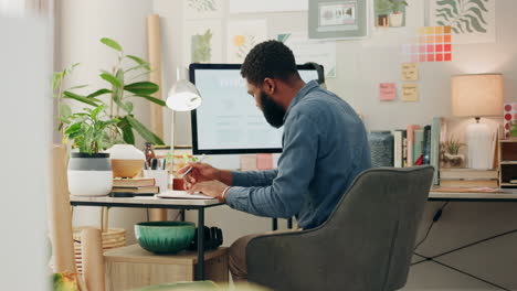 Remote-work,-desk-and-a-black-man-with-a-notebook