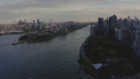 aerial footage lands over the east river in new york city