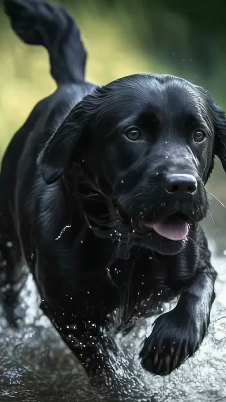 Vertical video: Entering creek, black lab splashing, running excitedly toward lens with collar tag