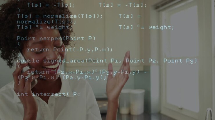 Animation of data processing over woman using smartphone