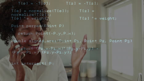 Animation of data processing over woman using smartphone
