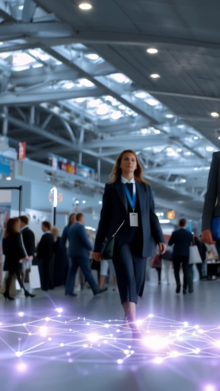Scena dinamica di un moderno aeroporto con viaggiatori indaffarati intenti nei loro spostamenti, con una sovrapposizione di rete futuristica che evidenzia connettività e movimento