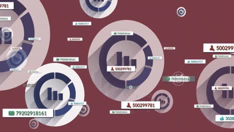 animación de diagramas e iconos de medios sobre un fondo rojo