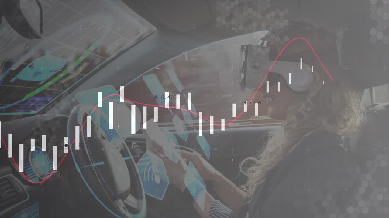 Female driver with ARVR headset tapping tablet in car swiping summoning financial chart bars icons
