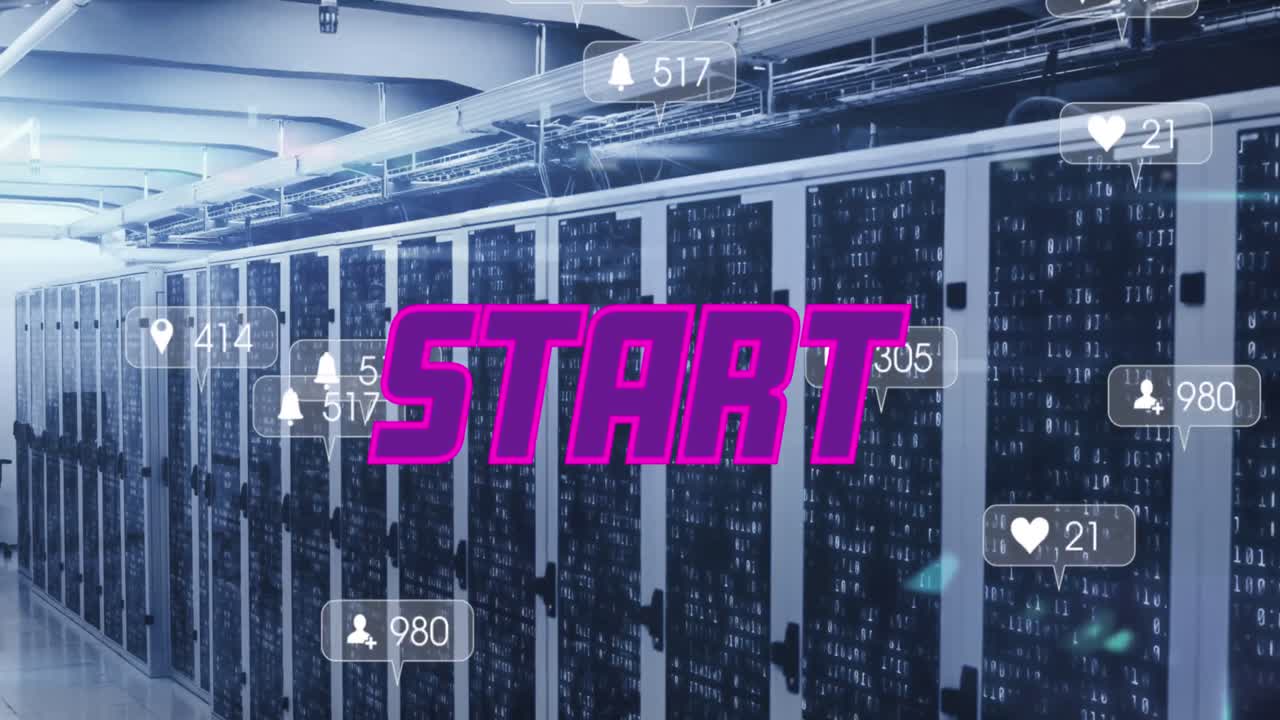 보라색 텍스트 시작의 애니메이션, 컴퓨터 서버 을 통해 소셜 미디어 알림