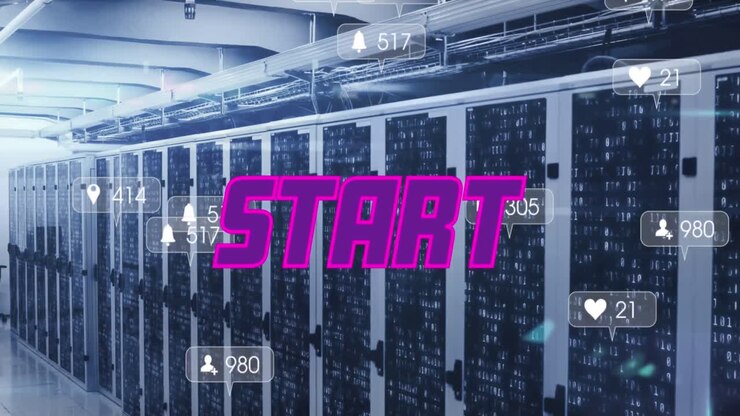 Animation of purple text start, with social media notifications over computer server room