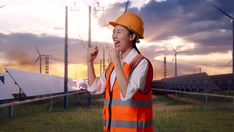 side view of asian female engineer with safety helmet screaming goal celebrating working with solar panel and wind turbines