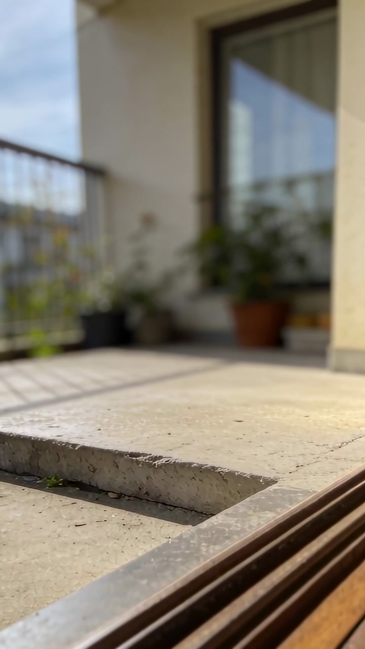 Vertical video: Sliding camera forward across balcony at start, showing concrete edge and track