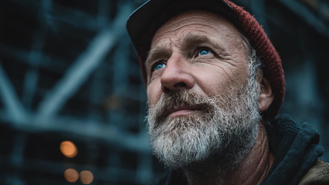 Contemplation and Reflection: A Thoughtful Portrait of a Man with Weathered Features and a Distinctive Beanie, Captured in a Moment of Serenity Amidst a Blurred Background