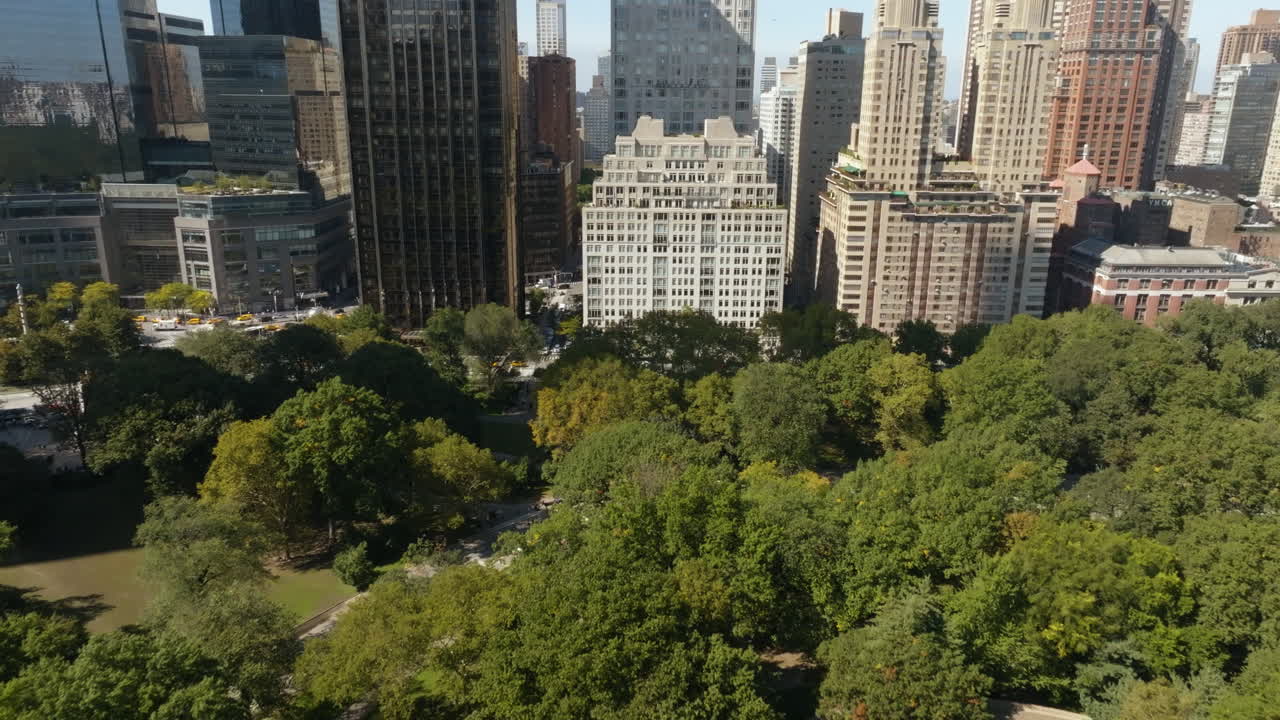 parque central con el fondo del horizonte del lado este superior, en la soleada ciudad de nueva york - vista aérea
