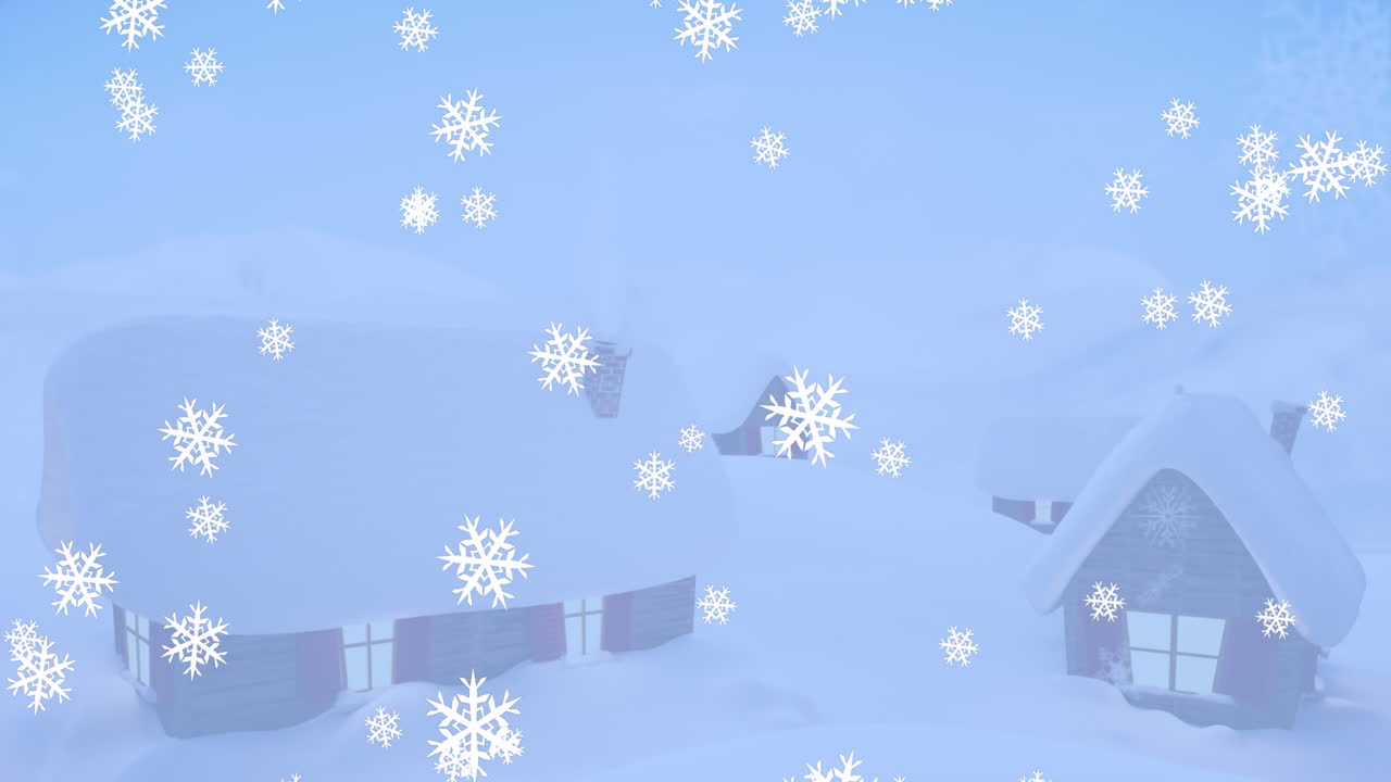 나무 창문 프레임에서 겨울 풍경 위에 떨어지는 스노우플레이크 아이콘의 시각 애니메이션