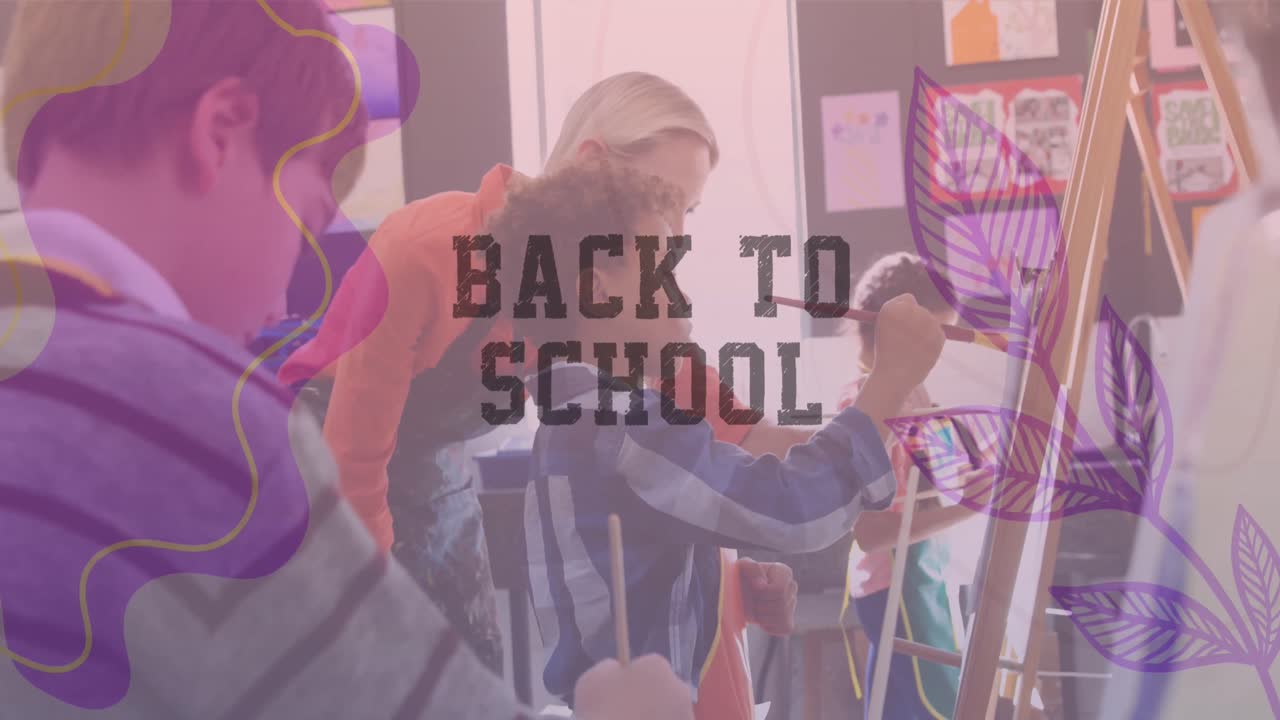 학교로 돌아가는 텍스트와 모양의 애니메이션 다양한 학교 아이들이 여성 교사와 함께 그림을 그립니다.