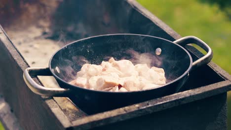 close-up slow motion pork meat is fried in saucepan on charcoal