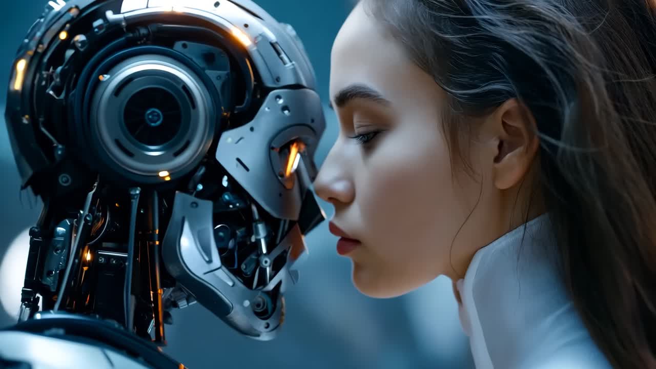 una mujer y un robot se están mirando el uno al otro