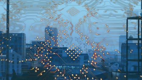 Animation-of-computer-circuit-board-over-cityscape