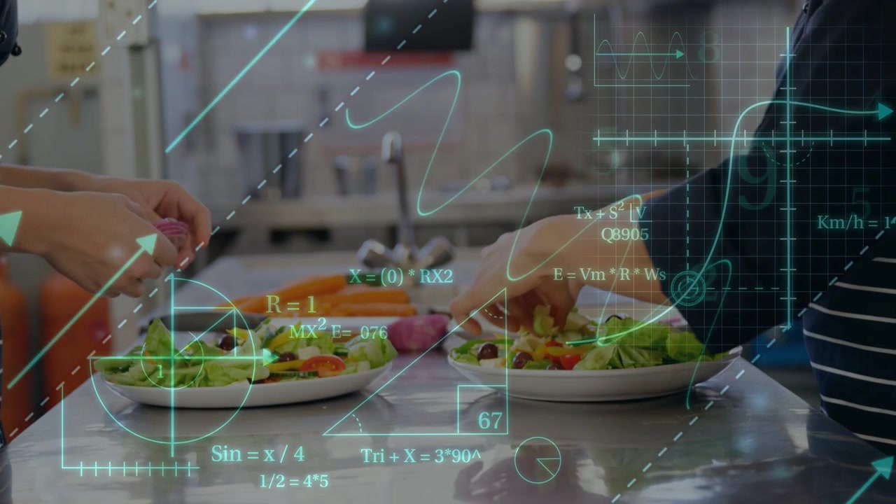 Focus on hands initiating plating, chefs arranging salads for orders with teal HUD tracking hands