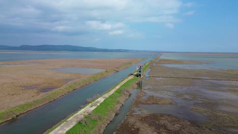 Aerial-Shot-of-Βird-Οbservatory-at-Delta-Evros-River,-Greece,-4K-Footage