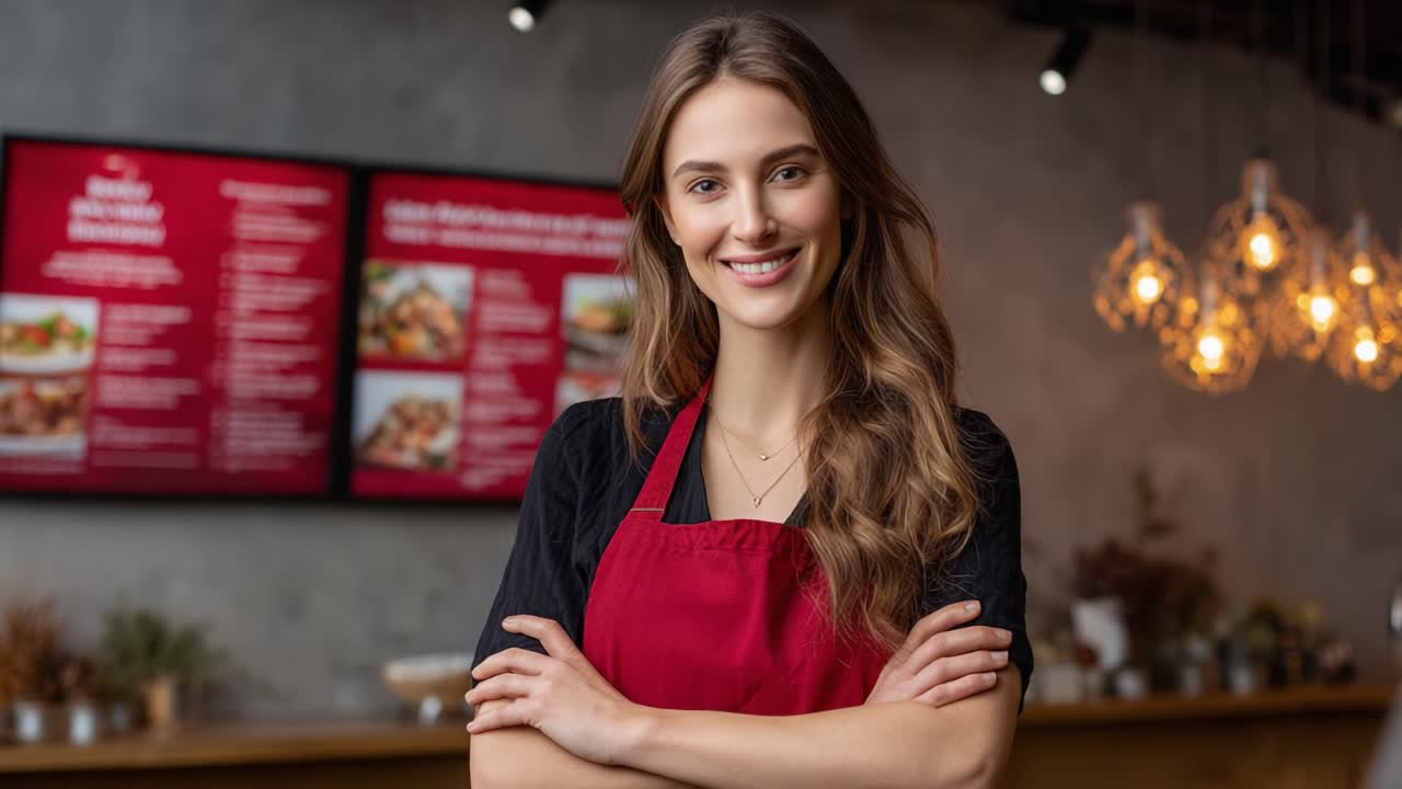 En selvsikker kvindelig barista i hyggelige caféomgivelser, iført forklæde, smiler bredt og er klar til at betjene kunder med lækre drikkevaremuligheder udstillet