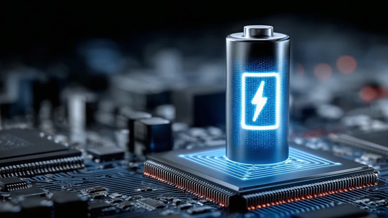 Tecnología innovadora representada en una batería y placa de circuito futuristas: Una visión de las soluciones de almacenamiento de energía y su papel en la electrónica moderna