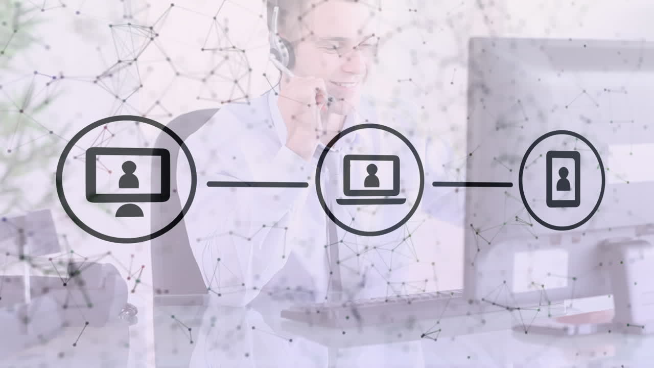 animación de la red de conexiones e iconos sobre un hombre de negocios con auriculares