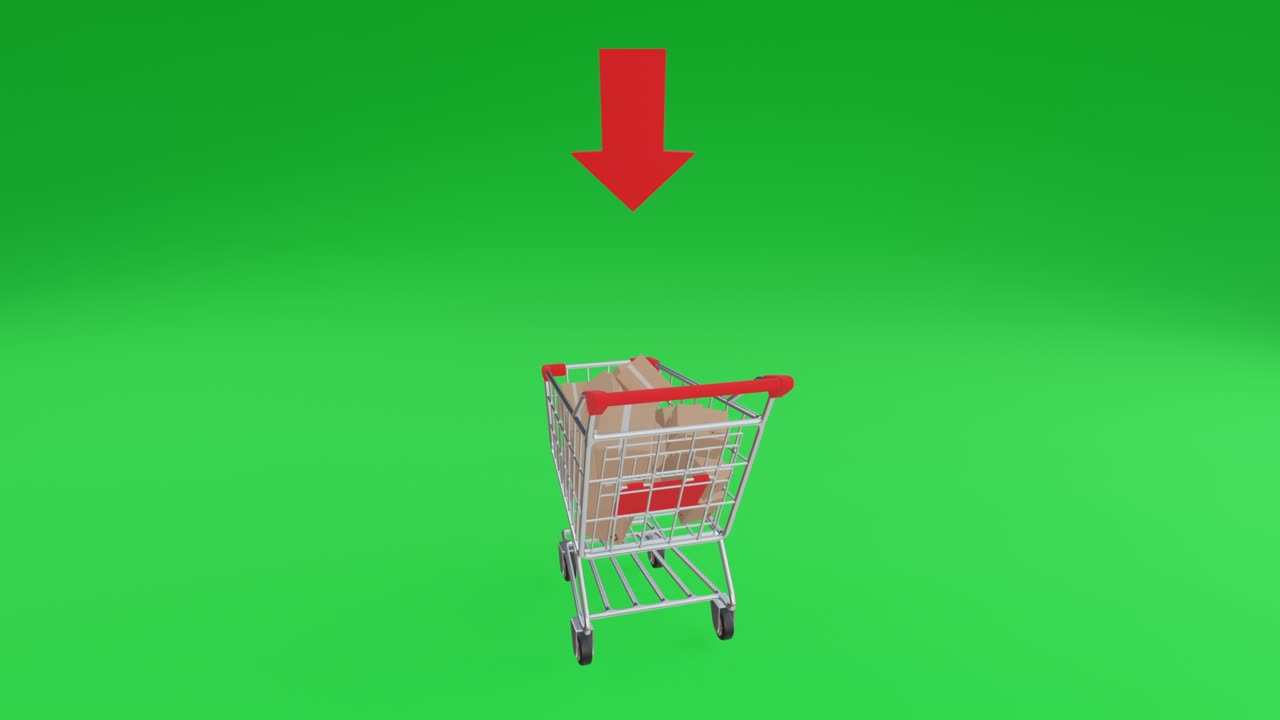 animación 3d realista de un carrito de compras con una pila completa de caja de paquetes de productos. un carrito del supermercado se mueve girar en la pantalla verde en el concepto de comercio de entrega.