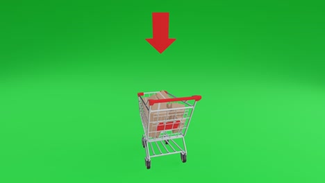 animación 3d realista de un carrito de compras con una pila completa de caja de paquetes de productos. un carrito del supermercado se mueve girar en la pantalla verde en el concepto de comercio de entrega.