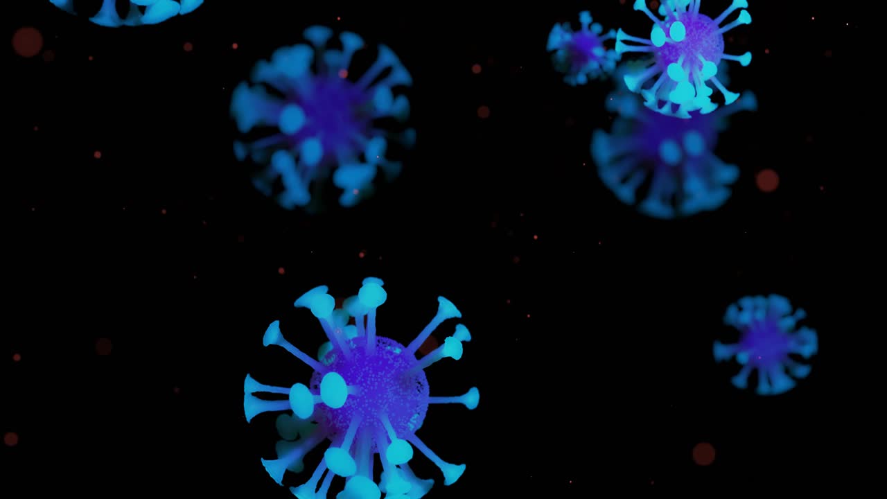 close-up coronavirus tipo covid-19, h1n1, gripe aviar o gripe porcina se mueven suavemente en fluido representación 3d del virus como fondo de bucle microscópico microbiológico. color gradiente azul
