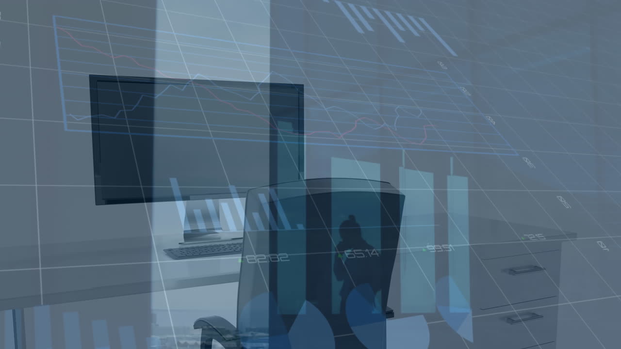 Animation of financial data processing over office desk with computer ...