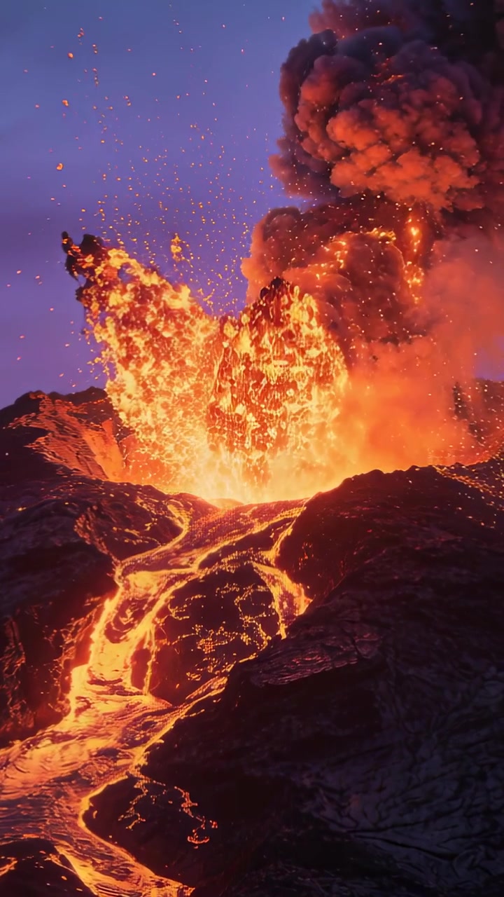 Video verticale: Bagliore di una bocca eruttiva che sale, scagliando cenere nel cratere, mentre la lava e il magma in movimento forzano un pennacchio.