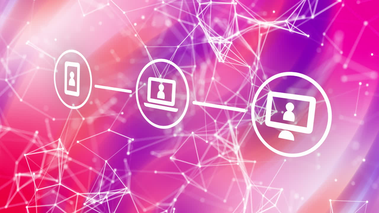 animación de iconos y conexiones sobre el fondo con ondas coloridas cambiantes