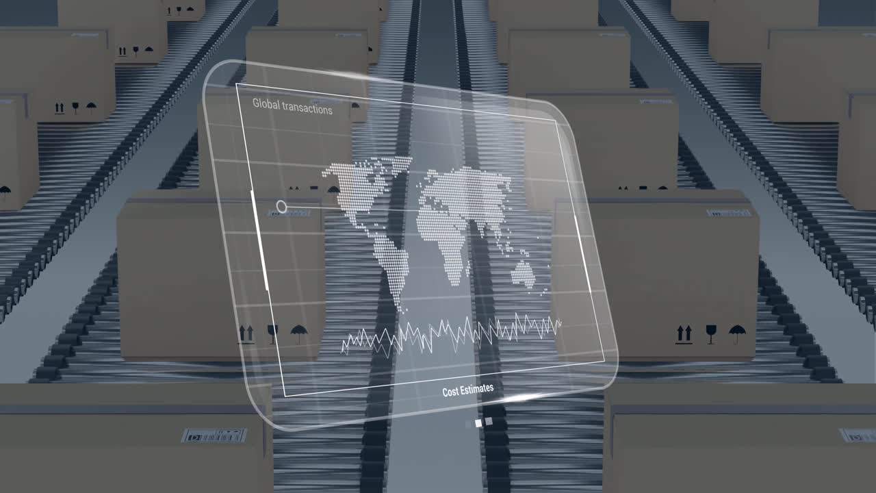 animación del procesamiento de datos en pantalla sobre cajas de cartón
