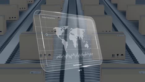 animación del procesamiento de datos en pantalla sobre cajas de cartón