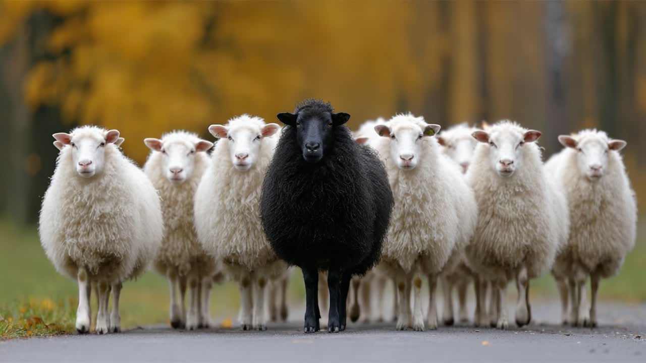 A Striking Contrast: A Lone Black Sheep Stands Proudly Amongst a Flock of White Sheep on a Scenic Autumn Road, Highlighting Individuality and Uniqueness