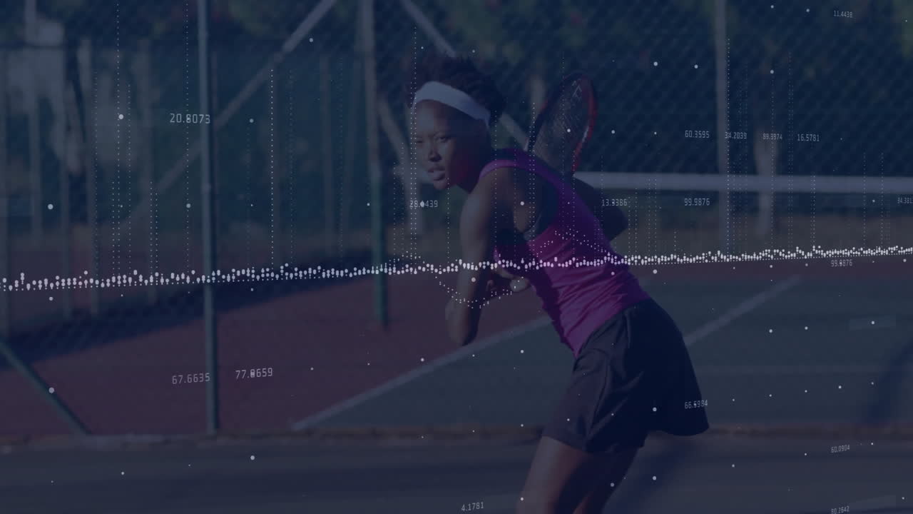 Female tennis player preparing backhand outdoor court, showing overlaid sports data graphics