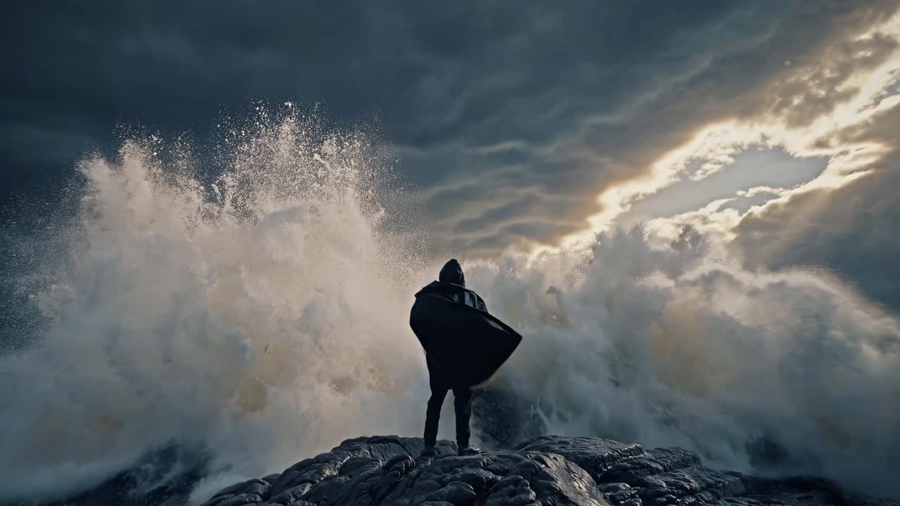 Dramatic video scene of a person in a cloak facing crashing waves, captured from a low angle