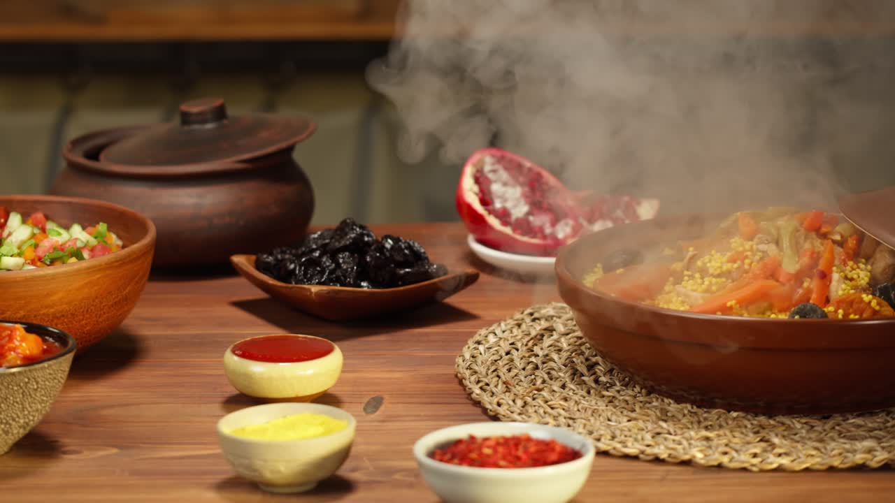 모로코 요리: 타진 (tajine), 양과 달으로 만든 전통 요리, 채소 러드, 중동 문화, 양 고기 클로즈업과 함께 쿠스쿠스, 맛있는, 집에서 만든 음식.