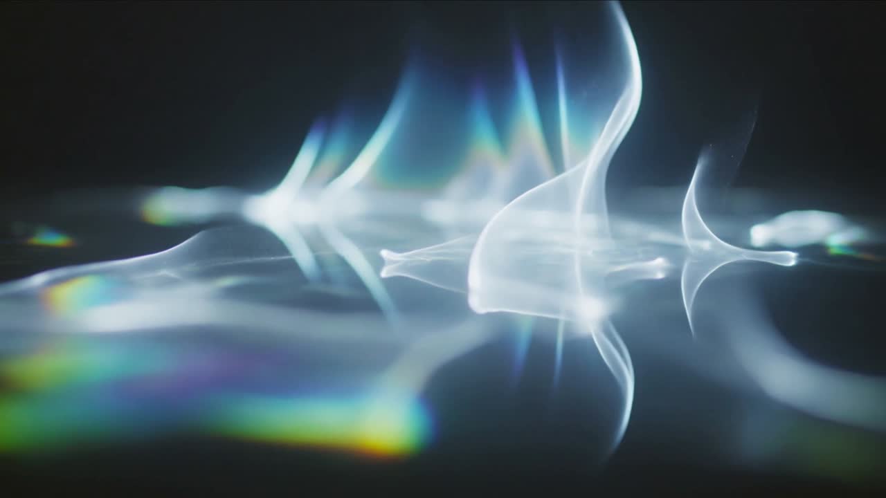 Central luminous plume rising and curling on dark void, frames starting rainbow mirrors for design