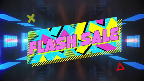 animación de texto de venta flash sobre formas y patrones geométricos coloridos