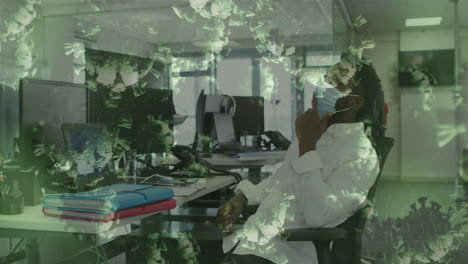 animation von schwimmenden covid-19-zellen mit einem mann im büro, der gesichtsmasken trägt